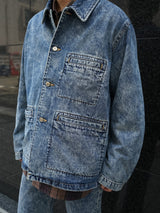 MATSUFUJI Chemical wash Denim Jacket ケミカルウォッシュデニムジャケット 通販 インディゴ 着用イメージ