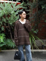 INNAT インアット V-NECK LINE BORDER SWEATER Vネックラインボーダーセーター 通販 ブラウン 着用イメージ