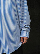 KANEMASA PHIL. 46G Stripe Atmosphere Shirt 46Gストライプアトモスフィアシャツ 通販 ネイビーホワイト 着用イメージ